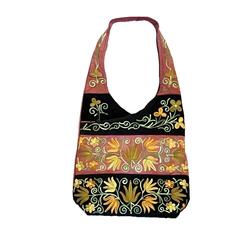 Embroidered Floral Boho Shoulder Bag Brown Pink‎ Hobo Purse Festival Hippie